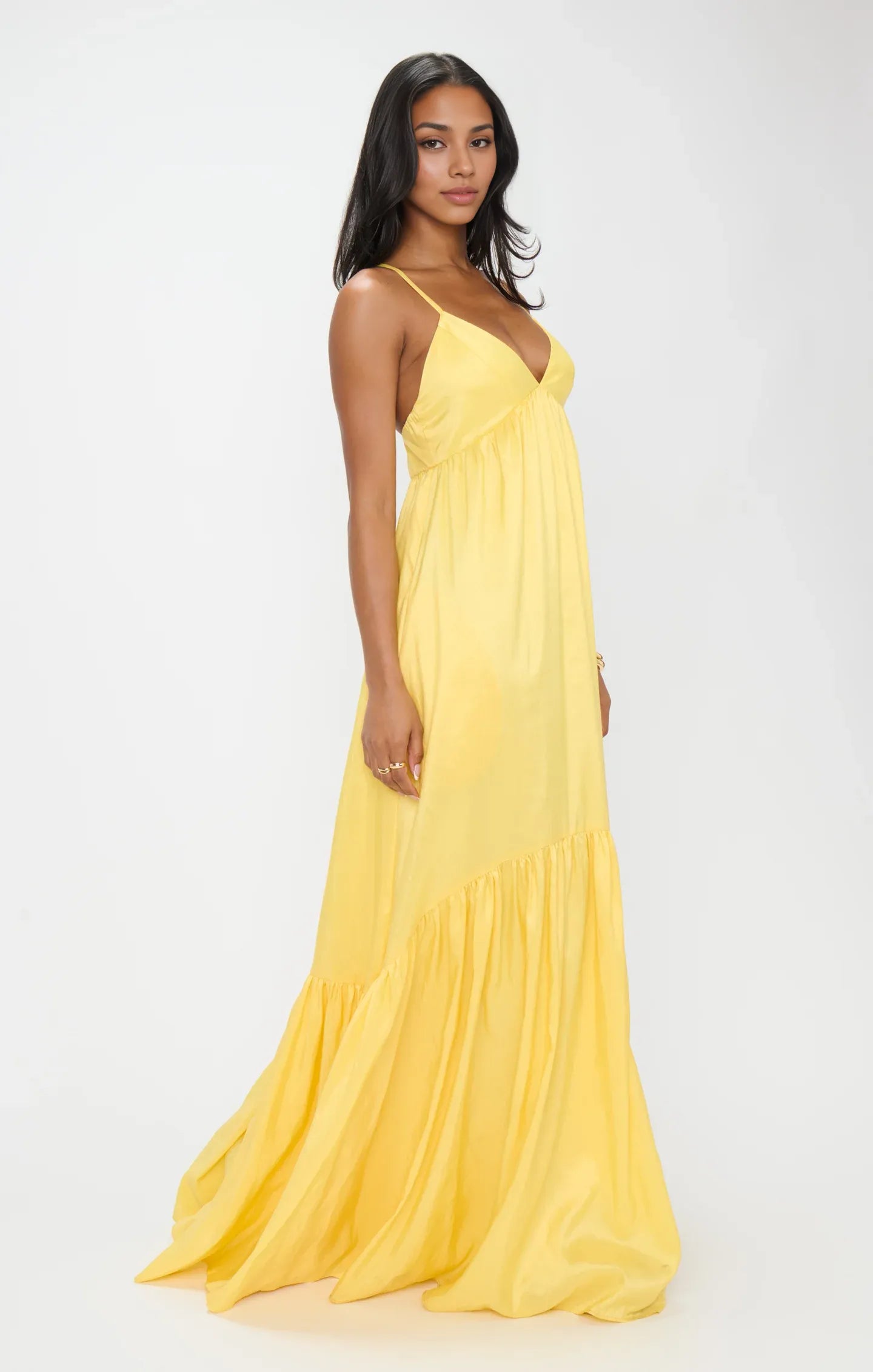 Weitese Dress Spaghetti Straps V Neck Yellow Maxi Dress Princess Satin Solid Color Crisscross Back Elegant Prom Dress